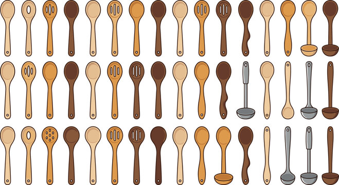 Comprehensive Collection of Wooden Spoons, Ladles, and Kitchen Utensils with Various Designs for Cooking and Food Preparation