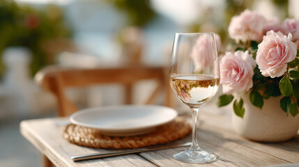 Fototapeta premium Elegant outdoor dining setup with wine glass and pink roses on a wooden table