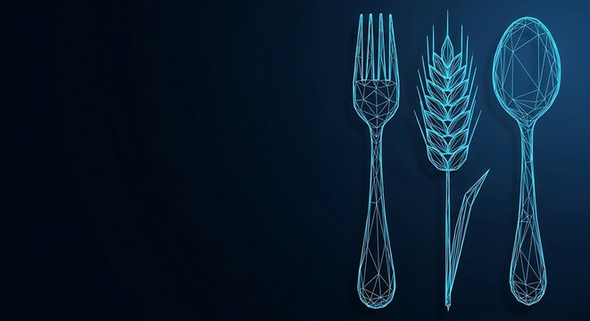Digital artwork of a fork, wheat stalk, and spoon, rendered in blue lines