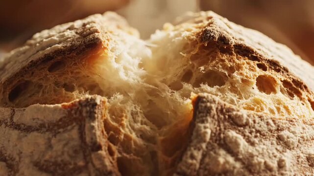 This video footage showcases a close-up of a freshly baked artisan bread loaf, highlighting the crusty exterior and soft interior. Ideal for culinary projects, cooking demonstrations, and food-related