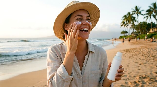 Woman applying sunscreen to face on beach with palm trees in background