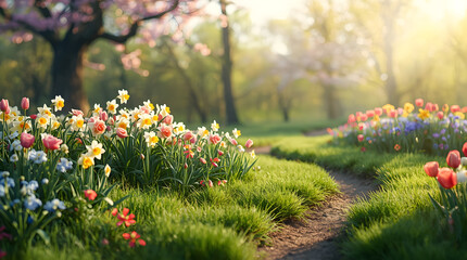 Obraz premium A serene garden scene with vibrant flowers lining a winding path through a lush green landscape in springtime outdoors.
