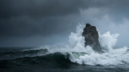 Obraz premium Powerful Ocean Waves Crashing Against Isolated Rock Formation Under Dramatic Stormy Sky for World Oceans Day, Moody Seascape with White Foam and Dark Sea Water, Concept of Nature Resilience