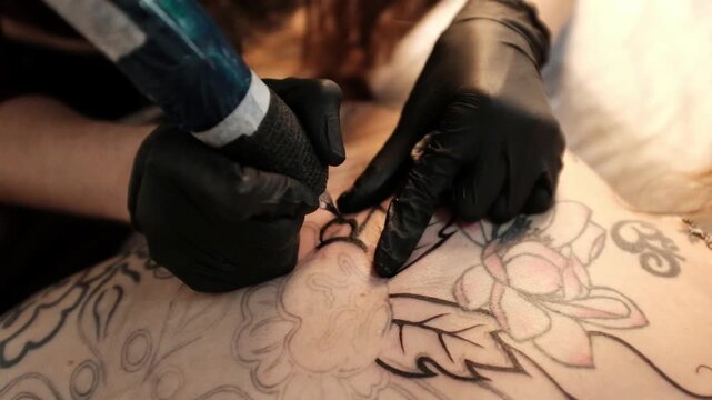 Close-up of a female tattoo artist in black latex gloves using a wireless rotary tattoo pen to ink a large, intricate floral and mandala design on a woman's upper back.