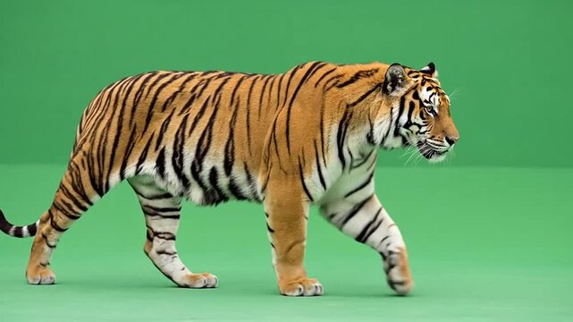A tiger walking on green background.