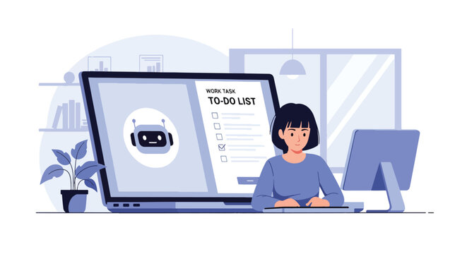 Flat style vector illustration of person using AI assistant on laptop for work tasks, productivity and digital automation in modern workspace environment