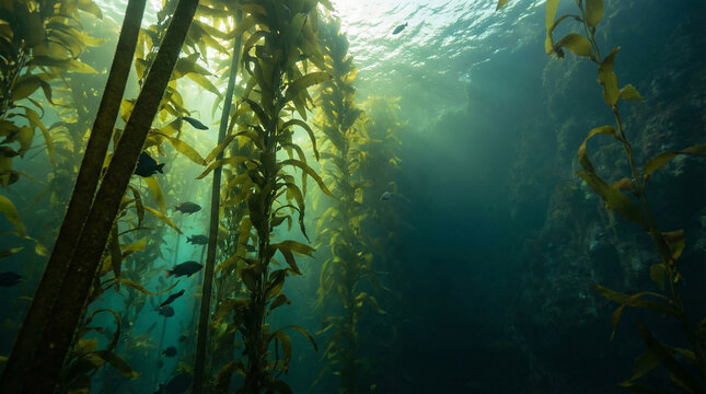 Giant Kelp Forest Macrocystis pyrifera with Sun Rays Filtering Through Underwater Canopy for World Oceans Day, Marine Algae Ecosystem with School of Fish in Pacific Ocean, Carbon Sequestration