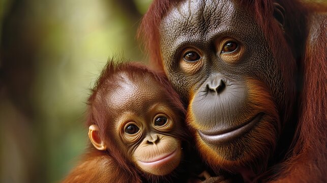 Orangutan mother and baby in rainforest canopy, tender moment, natural habitat