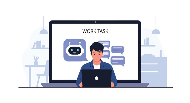 Flat style vector illustration of person using AI assistant on laptop for work tasks, productivity and digital automation in modern workspace environment