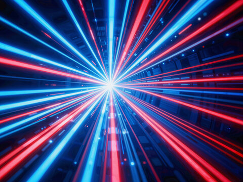 Red and blue neon light beams converging in a futuristic space tunnel with speed perspective