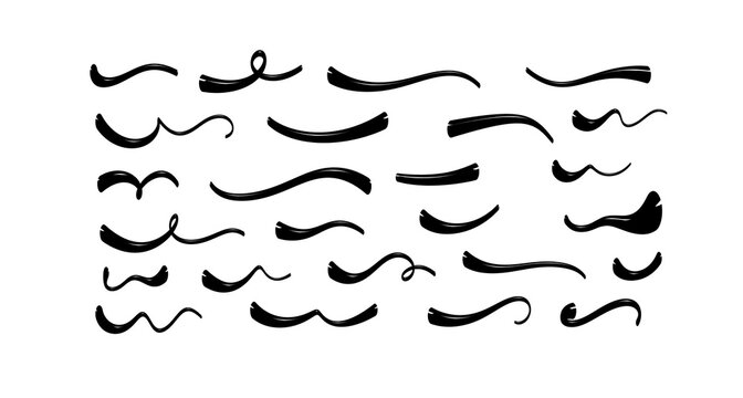Chinese brush strokes swirl, line curve, calligraphy paint spiral elements. Hand drawn chinese ink brush paint stroke swish, swoosh wave doodles. Grunge texture abstract line. Vector illustration