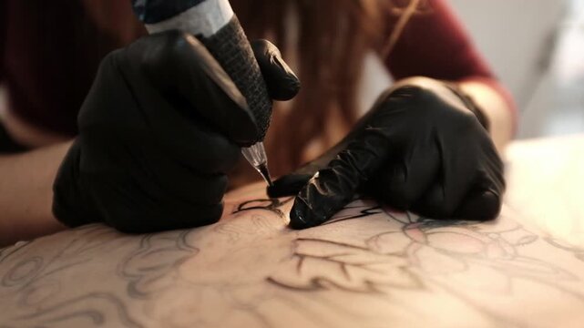 Close-up of a female tattoo artist in black latex gloves using a wireless rotary tattoo pen to ink a large, intricate floral and mandala design on a woman's upper back.