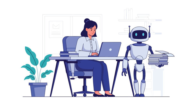 Flat style vector illustration of AI summarizing documents on laptop screen, smart content processing and productivity improvement using artificial intelligence tools