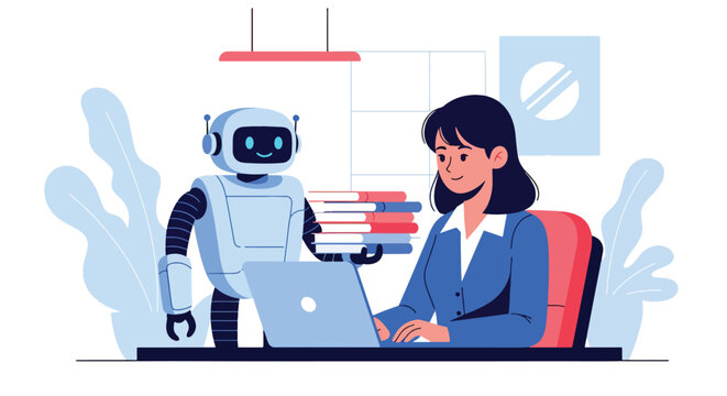 Flat style vector illustration of AI summarizing documents on laptop screen, smart content processing and productivity improvement using artificial intelligence tools