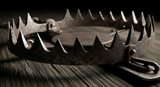 A Sharp Metal Animal Trap with Jagged Teeth on a Wooden Surface