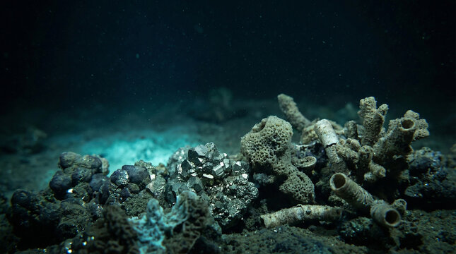 Natural Sea Sponge Porifera Colony Growing on Dark Ocean Floor Benthic Zone for World Oceans Day, Deep Sea Marine Habitat Exploration, Biodiversity of Underwater Benthos Ecosystem in Cold Dark Water