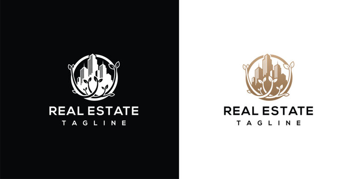Luxury Real Estate Logo Design with City Skyline and Ornate Frame