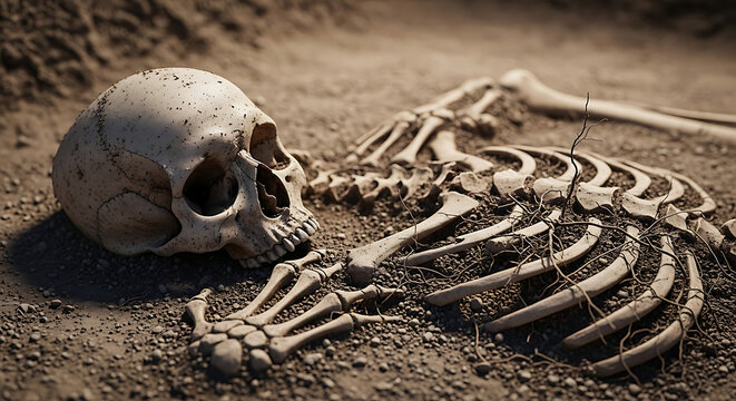 An ancient skeleton discovered partially buried in the dry earth, evoking a sense of mystery and history