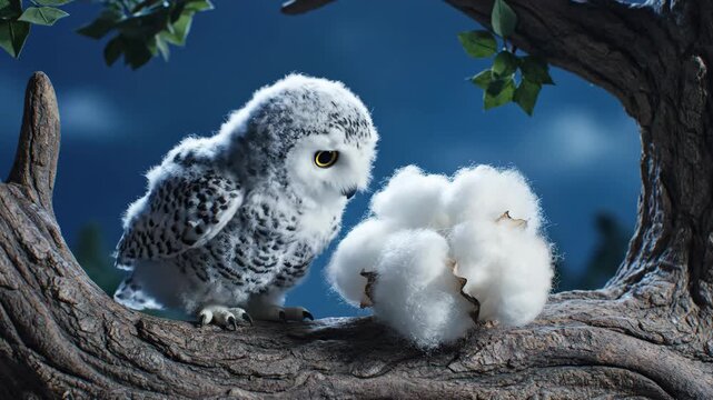 Young snowy owlet intently observing a soft white cotton boll resting on a textured tree branch under a dark blue night sky, highlighting themes of curiosity and innocence in wildlife