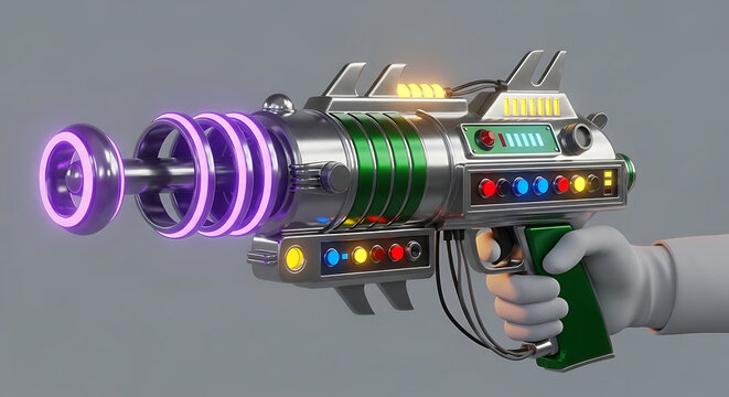Retro futuristic ray gun with glowing lights and coils, a vintage science fiction weapon