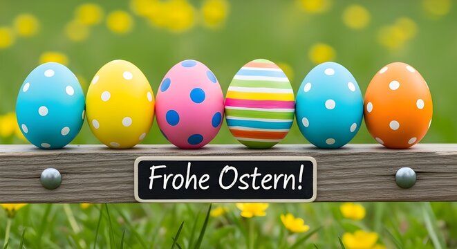 Frohe Ostern Gru&szlig;karte, Karte mit deutschem Text - Ostereier mit Holzschild Tafel auf Wiese
