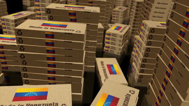 Made in Venezuela box production line. Venezuelan export import Cardboard pack factory. Abstract concept 3d loopable seamless.