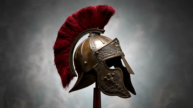 Ancient Greek Corinthian Helmet with Red Plume on Display.