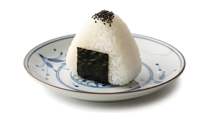Close up of a Japanese onigiri dish, served in a lacquered traditional plate against white background