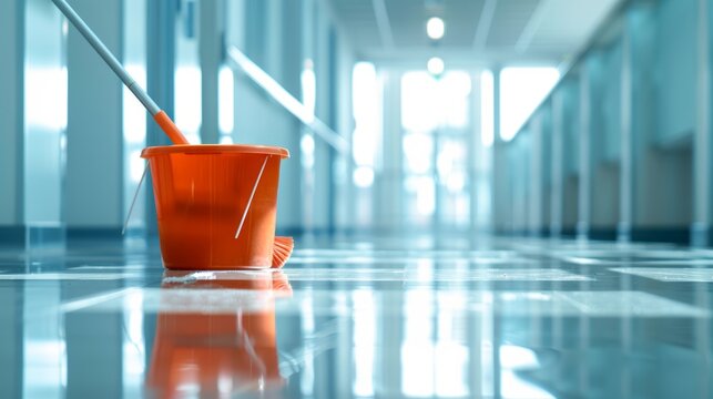 close up photograph of an orange mop bucket positioned on a shiny tiled floor in a well-lit corridor, showcasing reflections and a clean, organized environment