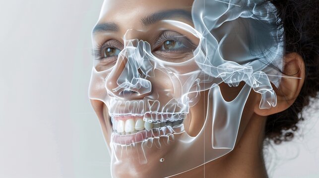 Digital Illustration of a Human Face Overlayed with a Transparent Skeletal Structure