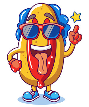 A cute and colorful hot dog cartoon character wearing sunglasses, smiling and pointing upward. Perfect for food branding, stickers, kids content, and playful design projects.