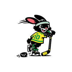 Fototapeta premium Cute bunny rabbit ice hockey mascot character posing with hockey stick vector illustration