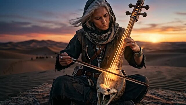 Nomadic musician playing a traditional instrument with a snakehead design, creating evocative music on a rug in the desert during a vibrant sunset with distant camel caravans