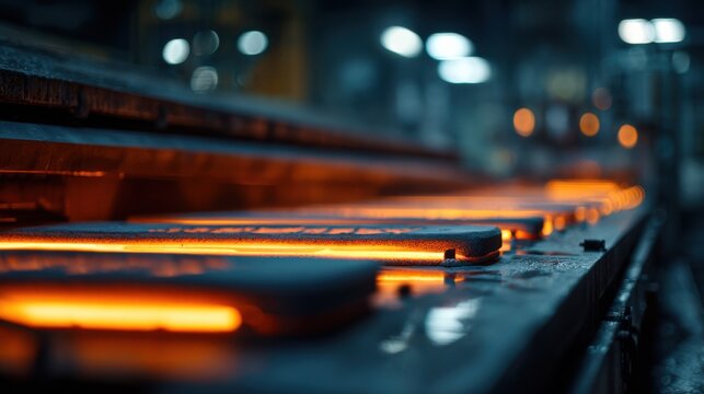 Focused medium shot on glowing lowfusing porcelain sintering trays inside multiple furnaces edges of equipment and environment softly out of focus.