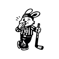 Fototapeta premium Cute bunny rabbit hockey referee mascot whistling and holding hockey stick vector illustration