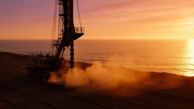 Heavy drilling rig operates on land near ocean during sunset