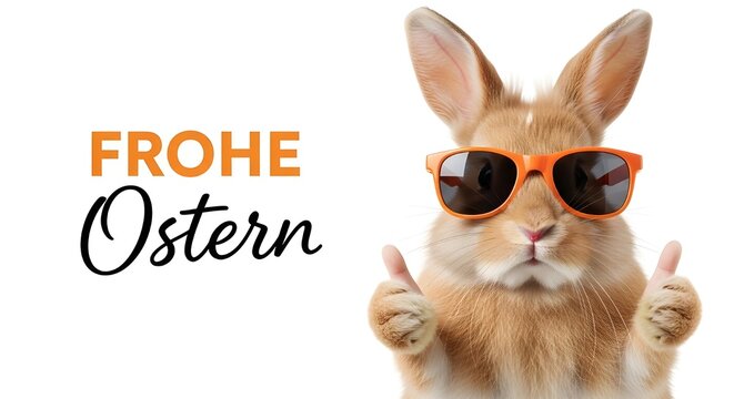Frohe Ostern Konzept Feiertag Gru&szlig;karte mit deutschem Text  Coller Osterhase Kaninchen mit Sonnenbrille, Daumen nach oben , isoliert auf weissem Hintergrund 