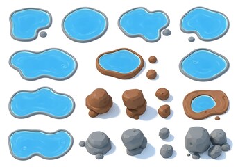 Fototapeta premium A collection of various isolated water pond elements and rock formations for game map design