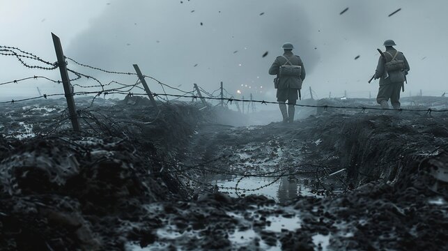 Depiction of soldiers walking through a war-torn battlefield with barbed wire fences