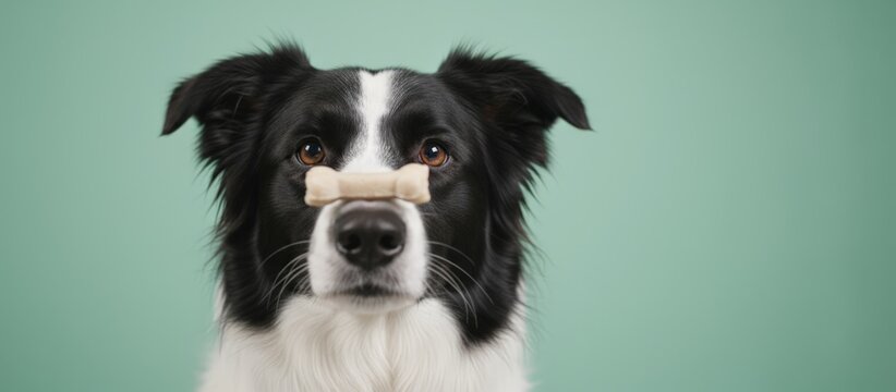 Border collie dog performing a mental agility trick, balancing a bone shaped treat on its nose, showing obedience, patience, and intelligence against a teal background
