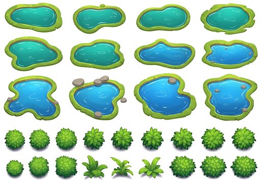 A collection of stylized cartoon game assets featuring various pond shapes and green bushes.