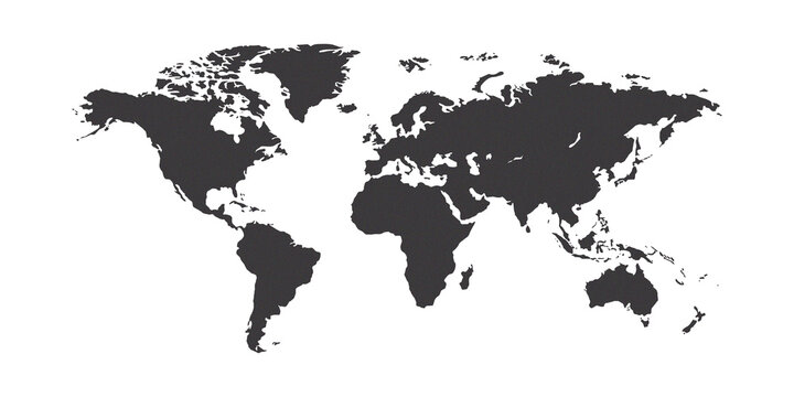 World Map Transparent Background and Grain Texture, Black Global Map Silhouette with Rough Noise Effect for Geography, Travel and Creative Design Use
