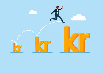 Fototapeta premium Businessman jumping from small to the big Sweden currency Swedish krona money currency symbol. Opportunities, decisions, new ideas. Business strategy, investment, wealth, management. Vector