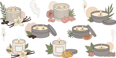 Fototapeta premium Aromatic scented candle collection with herbal elements flowers citrus and coffee beans cozy home aromatherapy vector illustration set
