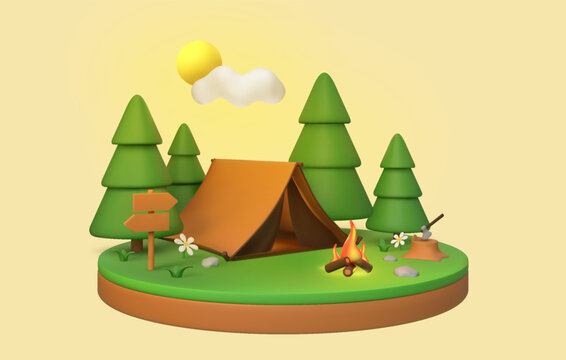 3d landscape render. Cartoon grass leaves render, bonfire cliff log for green travel hiking. Woodland camp with fire, outdoor recreation and adventures in forest. Vector background