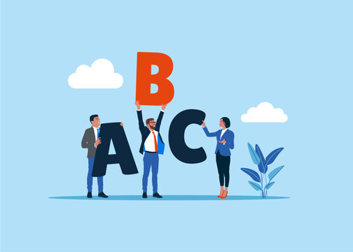 ABC, basic alphabet letters in hands business people. Education, development, language concept. Flat vector illustration