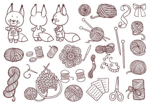 Items for needlework knitting needles, thread, crochet hook, needle and a fox toy in three turns