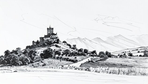 Majestic Castle on Hilltop - A Detailed Black and White Landscape Drawing.