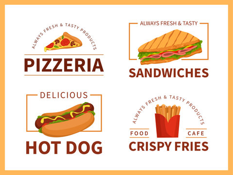 Fast food logo. Pizza and burger cafe. Hotdog snack. Sandwich and fries potato. Pizzeria icon. Takeaway dinner. Fastfood restaurants badges design template. Vector bistro labels set