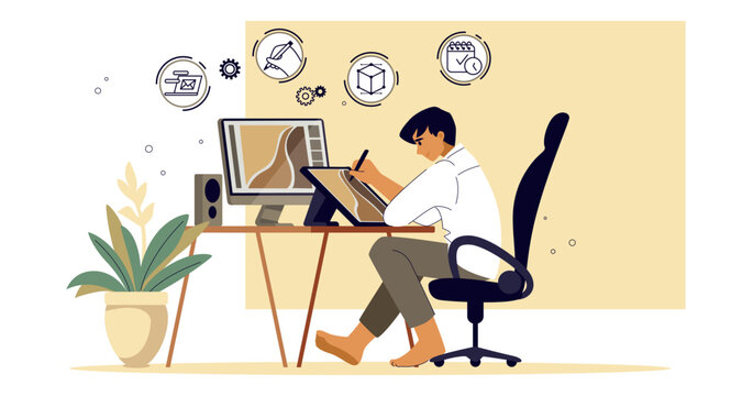 Man work. Freelance home programmer, laptop on desk table or remote student character. Coding employee workplace, illustrator or graphic designer. Vector cartoon isolated minimal concept